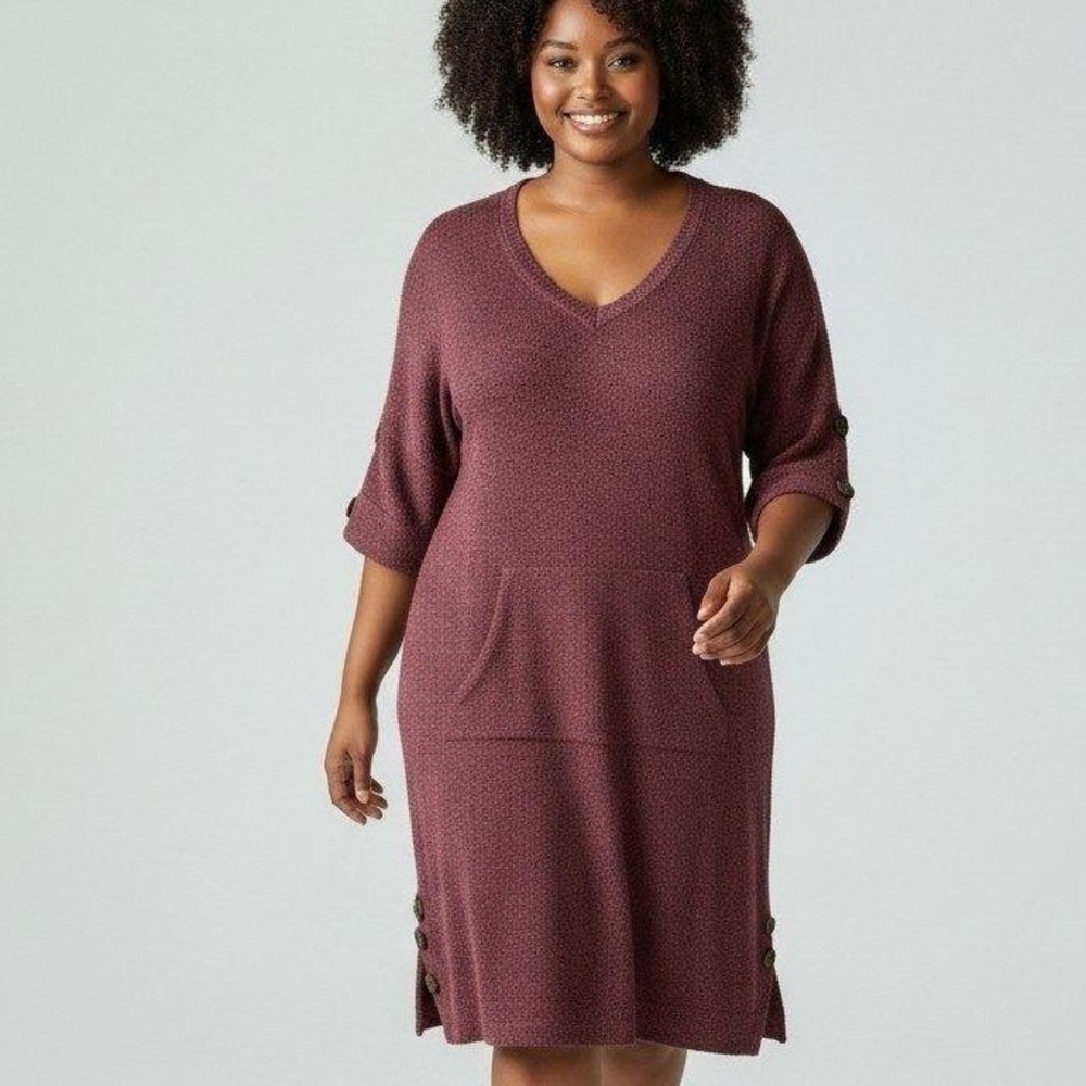 Simply Noelle Burgundy Boucle Knit V-Neck Sweater Dress L/XL Pocket Vintage